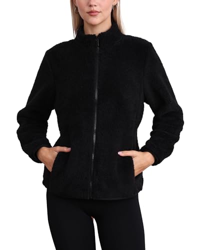Argstar Women's Fuzzy Fleece Jacket, Casual Long Sleeve Full Zip Sherpa Soft Warm Sweatshirt Coats Outwear Black M