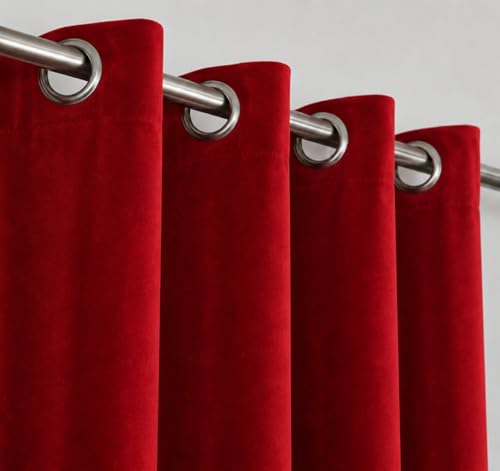 Image of Amazon Brand - Solimo Velvet Curtain Set of 2 (52x96 Inch) Plain Door & Window Curtains for Living Room & Bedroom |75% Light Blocking, Eyelet Curtains for Home Decor in Red Color (4 feet x 8 feet)