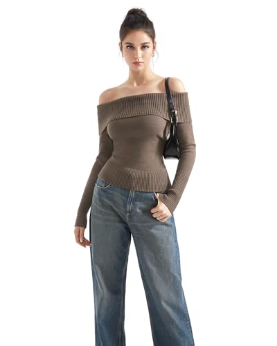 Image of SUUKSESS Women Off Shoulder Sweaters Long Sleeve Ribbed Knit Going Out Fall Tops Blouse