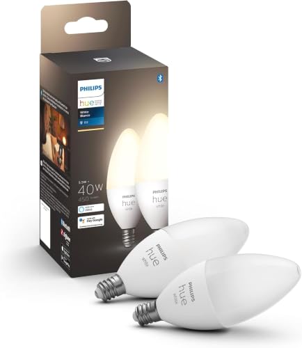 Philips Hue Smart 40W B39 Candle-Shaped LED Bulb - Soft Warm White Light - 2 Pack - 450LM - E12 - Indoor - Control with Hue App - Works with Alexa Google Assistant and Apple Homekit