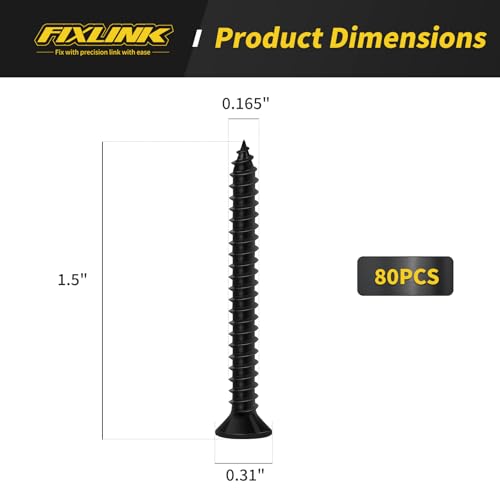 Image of Wood Screws 1-1 /2 Inch, 80 PCS FIXLINK Premium Flat Head Phillips Black Wood Screws, Self Tapping Electrophoresis Used in Indoor Furniture, Woodworking (#8 x 1-1 /2 inch)