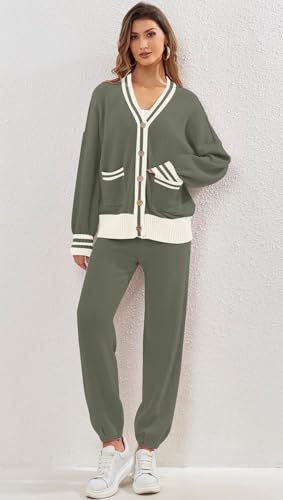ETCYY NEW Women's 2 Piece Outfit Lounge Set Trendy Cardigan Sweater Pants Sets V Neck Button Pocket Knit Matching Loungewear3