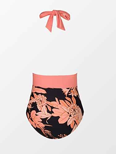 CUPSHE Women Swimsuit One Piece V Neck Halter Backless Ruched Tummy Control Vintage Swimwear Bathing Suit