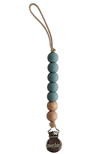 Mushie x The Dearest Grey Baby Pacifier Clip Holder | Handmade in The USA | Joy (Pewter Blue/Wood)