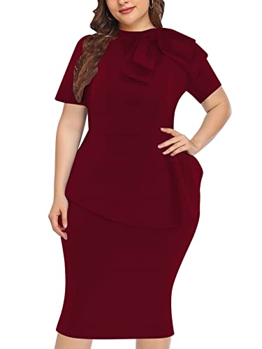 Image of WanMem Plus Size Dress for Curvy Women Semi Formal Cocktail Party Midi Dress Bodycon Short Sleeve Bow Ruffle Pencil Dresses