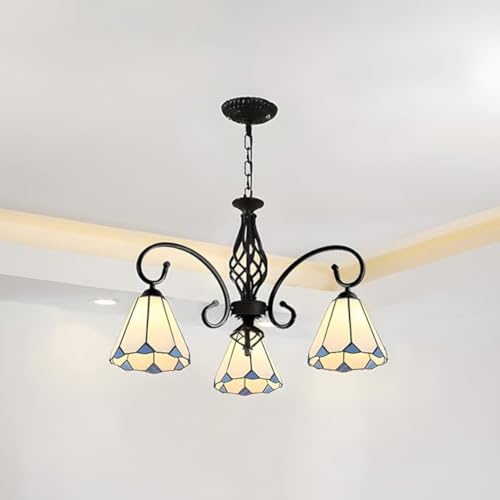 Lámpara de araña Tiffany con vitrales blancos de 3 luces para crear un hogar cálido y moderno 2
