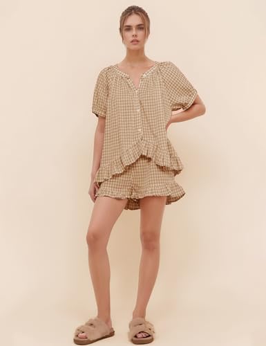 Flygo Womens Gingham Pajamas Set 2 Piece Cotton Pj Lounge Sets Puff Sleeve Ruffle Babydoll Shirt Shorts Summer Outfits2