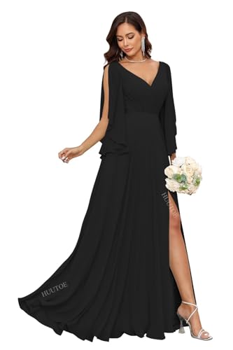 Image of HUUTOE Sexy V Neck Long Black Dress for Women Bridesmaid Ruffle Sleeve A Line Chiffon Plus Size Mother of Bride Dresses for Wedding 2026 4XL US24W