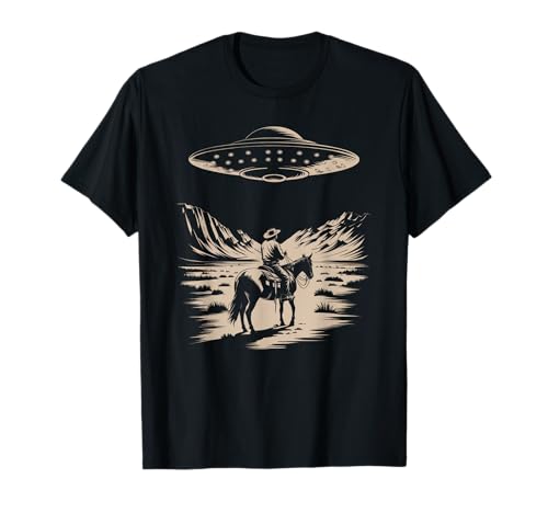 Vintage Retro Cowboy Looking UFO Desert OVNI Joke Mujeres Hombres Camiseta