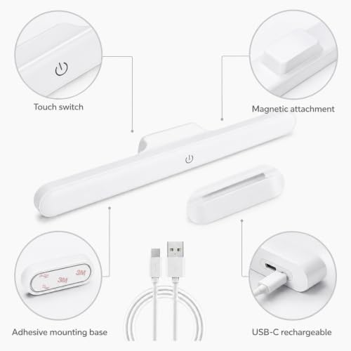 Image of Magnetic Rechargeable LED Light Bar - 30 cm White Plastic Under‑Cabinet & Closet Lamp with Touch‑Control, Dimmable, Multiple Light Modes, Portable Battery‑Powered, Ideal for Kitchen, Wardrobe, Makeup