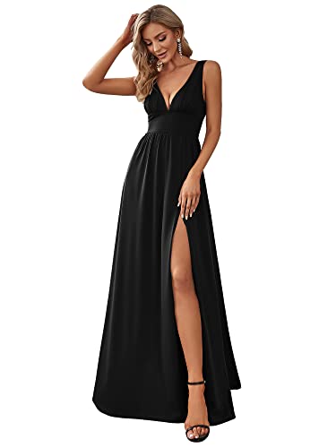 Ever-Pretty Women's A Line High Waist Elegant Sleeveless V Neck Floor Length Evening Dress Black 14UK