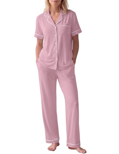 Image of HNG Women Pajamas Set 2 Piece Button Up Pajamas Pant and Short Sleeve Shirt for Woman Pj Sets with Pocket