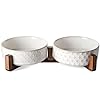 LE TAUCI Dog Bowl Set with Acacia Wood Stand – 1.5-Cup Ceramic Puppy Bowls for Small Dogs, Dual Food and Water Bowls with Weighted Non-Slip Base, Clover