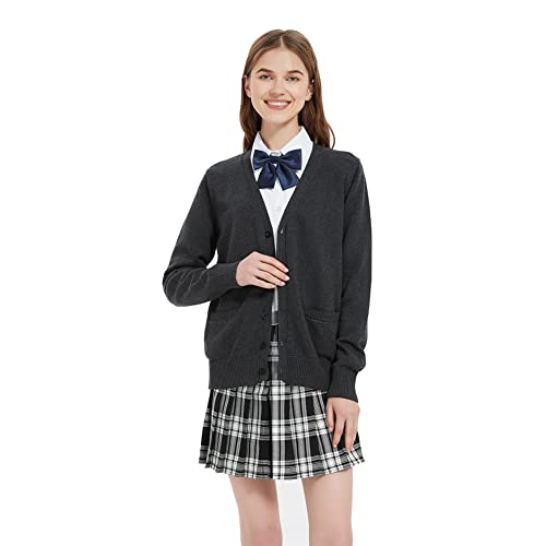 Image of jinghuiyue Women's Cardigan School Uniform Sweater V Neck Button Down Knit Cardigans Coat with Pockets