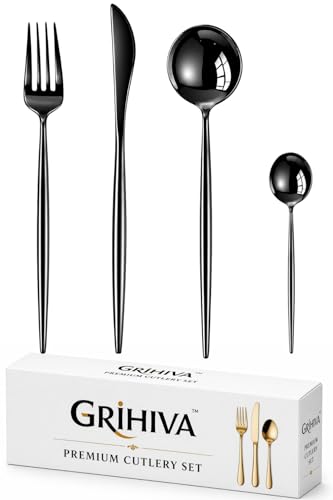 Image of 4 Pcs Black Slim Handle Stainless Steel Cutlery Set for Dining Table with Spoon and Fork Set & Butterknife - The Perfect Tableware /Flatware