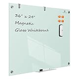 Magnetic Glass Dry Erase Board - 36 x 24 Inches Wall Mounted Glass Whiteboard, Large Frameless Glass...