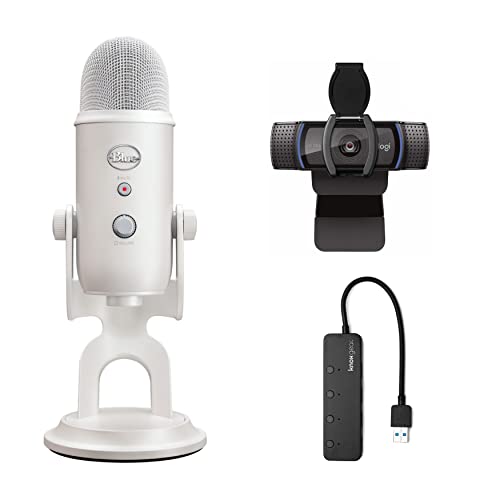 Blue Yeti Premium USB Gaming Microphone for Streaming, PC, Podcast, Studio, Computer Mic (White Mist) Bundle with Logitech C920S Pro HD Webcam with Adjustable Light, and 4-Port USB (3 Items)