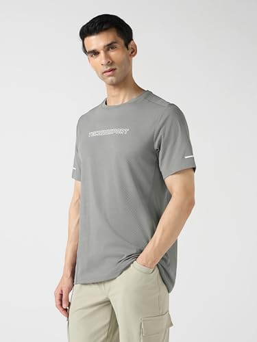 Image of TECHNOSPORT Men's Printed Slim Fit Henley Neck T-Shirt ELASTOLITE Half Sleeve Slip On Polyester for Gym Running Workout UPF50+ Anti Odour