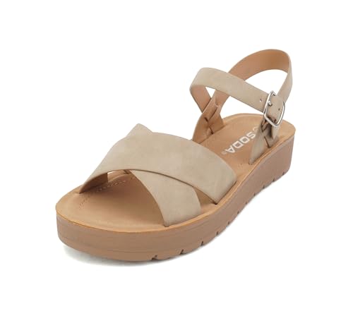 Image of Soda CHESTER ~ Women Flat Sandals Flatform Ankle Buckle Criss Cross Band Straps Sandals Shoes (Gold Raffia, 5.5)