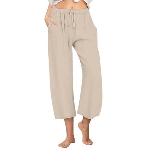 Capri Pants for Women Drawstring Elastic High Waist Cotton Linen Pants Summer Casual Wide Leg Lounge Capris