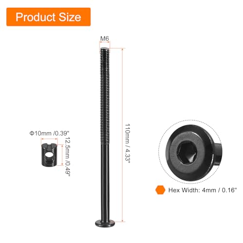 QUARKZMAN 4 Stück Sechskantschrauben Bolzen mit Fassmuttern, M6 x 110mm Sechskantmöbelbettbolzen mit Schraubenschlüssel für Stühle und Kinderbetten, Schwarz