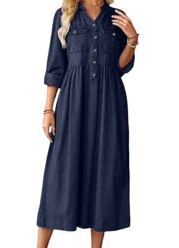loveimgs Women Casual Button Down High Waist Midi Denim Dress V Neck Pleated Shirt Jean Dress A Line Long Sleeves Pockets