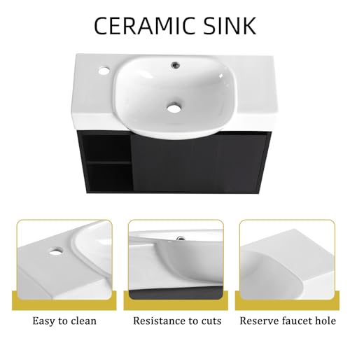Image of 26 inch Wall Mounted Bathroom Vanity with Integrated Ceramic Sink, Modern Floating Bathroom Cabinet with Soft-Close Door & 2 Open Storage Shelves, Small Bath Vanity Set, Easy to Clean, Dark Oak