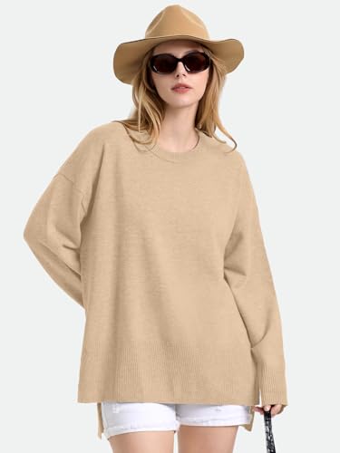 Image of ZANZEA Women's Fall Sweaters 2025 Oversized Loose Long Sleeve Crew Neck Side Slit Dressy Knit Casual Pullover Tops