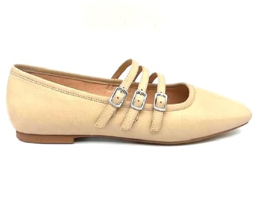 Matisse Women's Ballet Flats, Natural, Triple Strap with Buckles, Square Toe, Slip-On