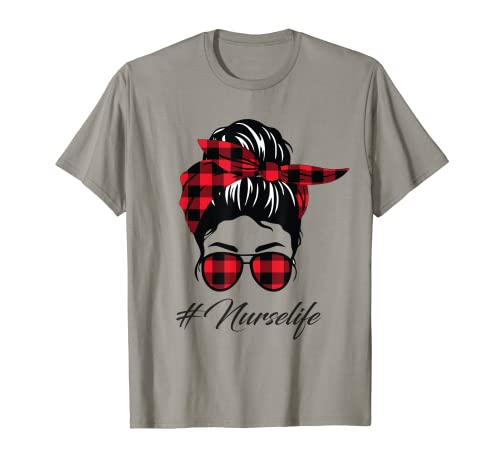 Plaid Nurse Life Funny Messy Bun Hair &Glasses Día de la Madre Camiseta