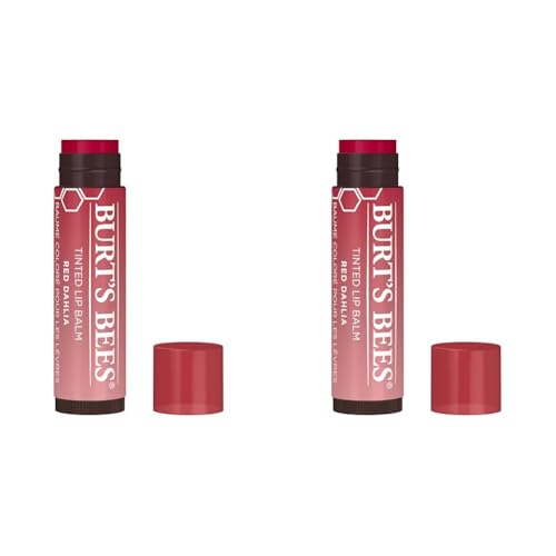 Burt's Bees Bálsamo labial con color Red Dahlia, tinte labial hidratante con manteca de karité, 100% de origen natural, 4.25 gramos (Paquete de 2)