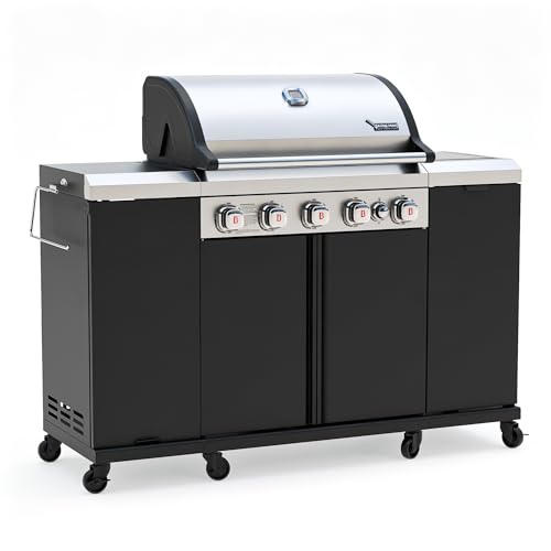Brand-Man Propane Gas Grill Island Outdoor Kitchen & Storage Cabinets, 52000 BTUs Stainless Steel Burner Patio Cooking BBQ Grill with Side Burner - Natural Gas Convertible, Black (5 Burner)