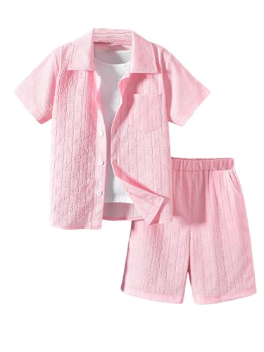 RoseSeek Boys 2 Piece Beach Vacation Textured Outfit Short Sleeve Button Down Shirt Top and Shorts Summer Set Pure Pink 10Y