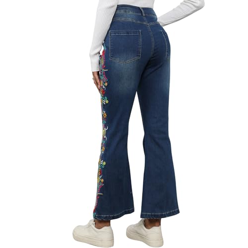Grosy Boho Floral Embroidered Mom Jeans for Women Plus Size High Waisted Bell Bottom Bohemian Denim Pants Flare Jeans4