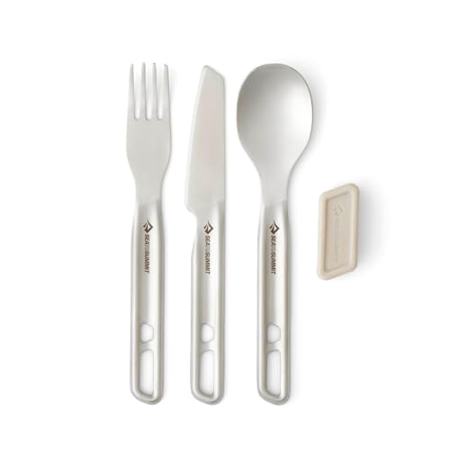 Sea to Summit Detour Stainless Steel Camp Cutlery Set, 1-Person (Knife, Fork, Spoon w/Silicone Keeper)