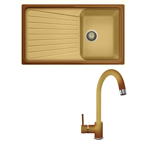 Dimensione lavello 860x500mm Lavello composito una vasca più gocciolatoio Plados SP0861 + miscelatore PETRAMIX (Terra di Francia)