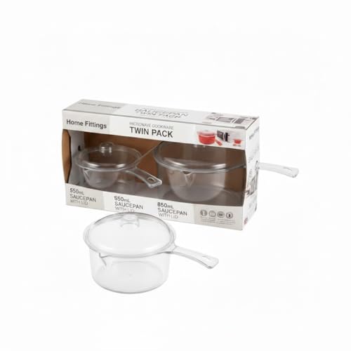 Home Fittings Set Easy Cook Polly Carbonate Non-Staining Microwave Saucepan and Lid Clear Transparent 850ML & 550ML BPA Safe (Pack of 2) Sauce Pan