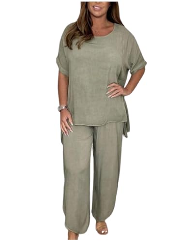 Two Piece Outfits for Womens Lounge Sets Loose Fit Short Sleeve Tops Wide Leg Split Palazzo Pants Lounge Suits