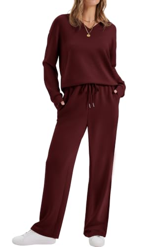 Image of WIHOLL Lounge Sets for Women 2026 V Neck 2 Piece Outfits Airport Wide Leg Pants Matching Set Sweatsuits