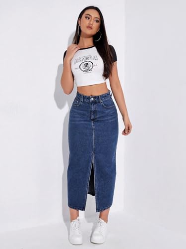Image of Shasmi Women's Spring /Summer Casual Front Split Thigh Straight Denim Skirt ll Denim Skirt for Women Long ll Skirt & top for Women ll Skirts for Women Long Length (Skirt 159)