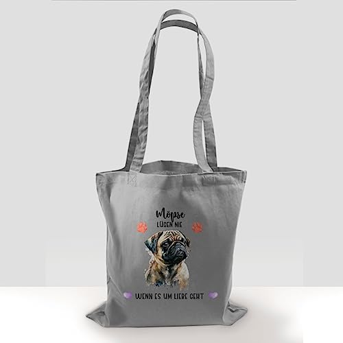 Baumwolltasche - Hunde - Mops - Geschenk Hundebesitzern - Unisize - Hellgrau - tasche hund hundebesitzer motiv einkaufstasche geschenke für hundefans hundemotiv stofftaschen bag with dog hunden