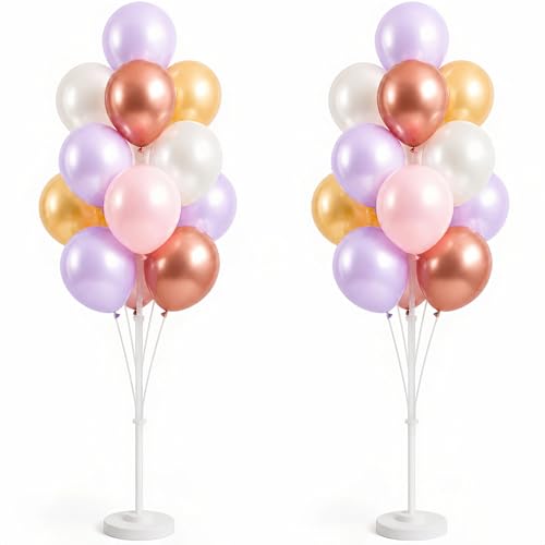 Image of Balloon Column Kit Set of 2,Anti-Tip Sand-Fill Base Balloon Tower Stand with 10 inch 26pc pink purple Balloons,Height Adjustable for Easter Birthday Wedding Bridal Party Decorations Graduation