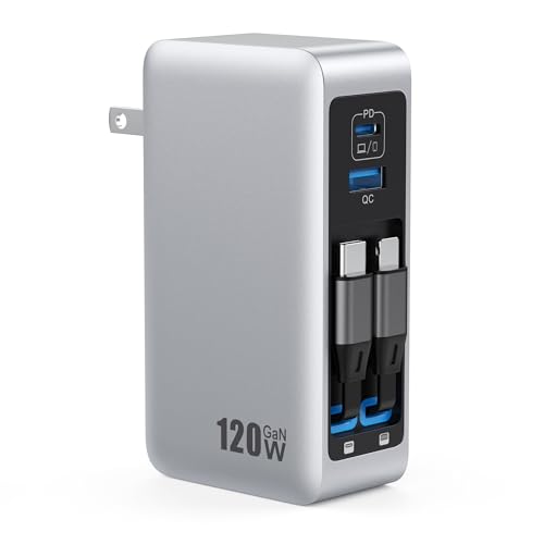 120W USB C Charger Block with 2 Built-in Retractable Cables,4-in-1 GaN IV Foldable Plug Wall Charger Fast Charging Station,PD 65W Laptop Adapter for MacBook/iPad,iPhone 17/16/15/14,Galaxy,Android etc