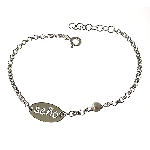 Pulsera plata Ley 925m cadena SEÑO rolo 17 cm. profe detalle perla chapa ovalada