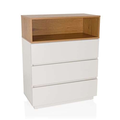 hjh LIVING Commode avec 3 tiroirs, 1 Compartiment Ouvert MELMO K 80x40x100cm Highboard Armoire de Style scandinave, Design sans poignées, Blanc/chêne