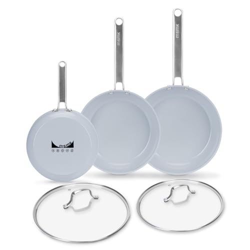 Image of MsMk 5-Piece Ceramic Non Stick Pans Set 8, 10, 12 Inch Frying Pans, 10inch and 12 Inch with Tempered Glass Lids, Stay-Cool Handles, Oven Safe 700℉, Compatible with All Cooktops