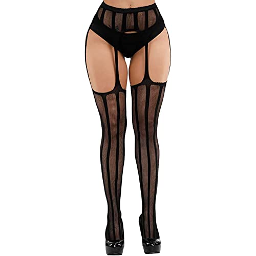 Women's High Waist Fishnet Tights Suspenders Pantyhose Thigh High Stockings Black