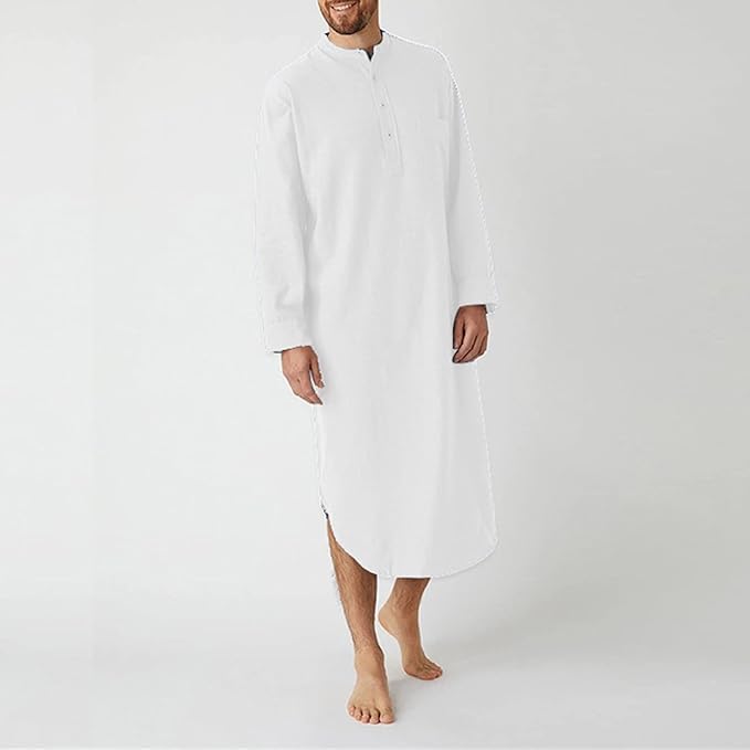 Maiyifu-GJ Mens Cotton Nightshirts V Neck Long Sleeve Button Down Nightgowns Summer Mid-Length Henley Sleepwear Sleepshirt2