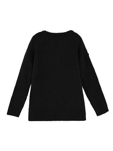 Image of rrhss Girls Waffle Knit Sweaters Trendy Henley Button V Neck Long Sleeve Pullover Jumper Tops Black