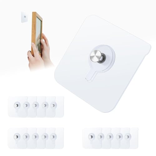 15 Pack No Drill Picture Hangers Without Nails 33lb Heavy Duty Sticky Hooks -Transparent Waterproof Wall Hangers, Removable Without Damage for Pictures/Shelves on Smooth Surfaces
